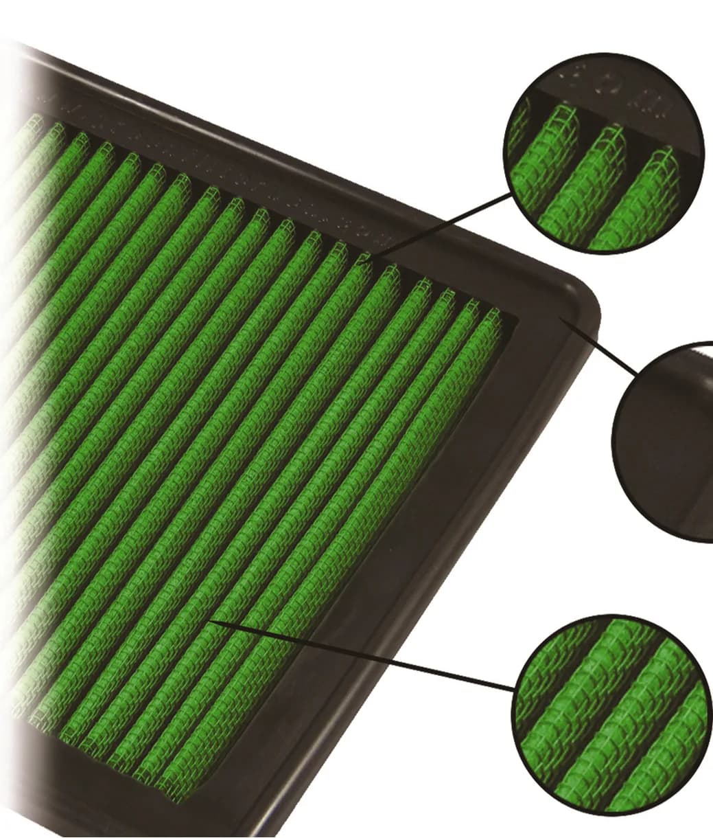 Close-up of a Green panel air filter showing its deep cotton pleats