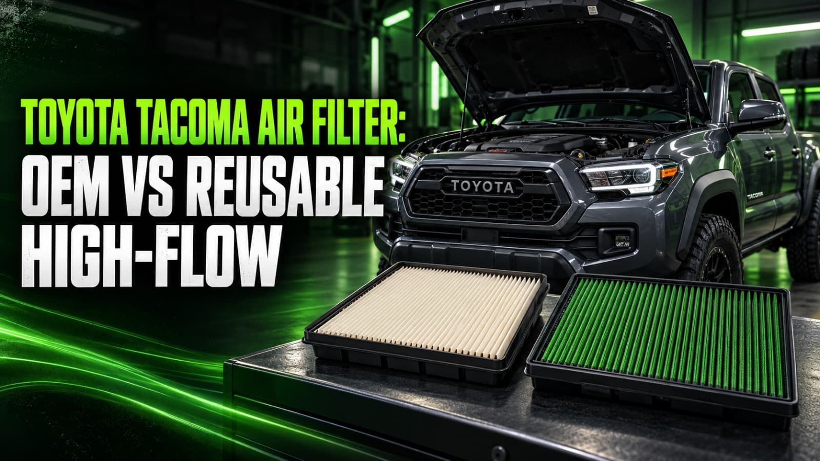 Toyota Tacoma with OEM-style paper and reusable high-flow air filters shown side by side