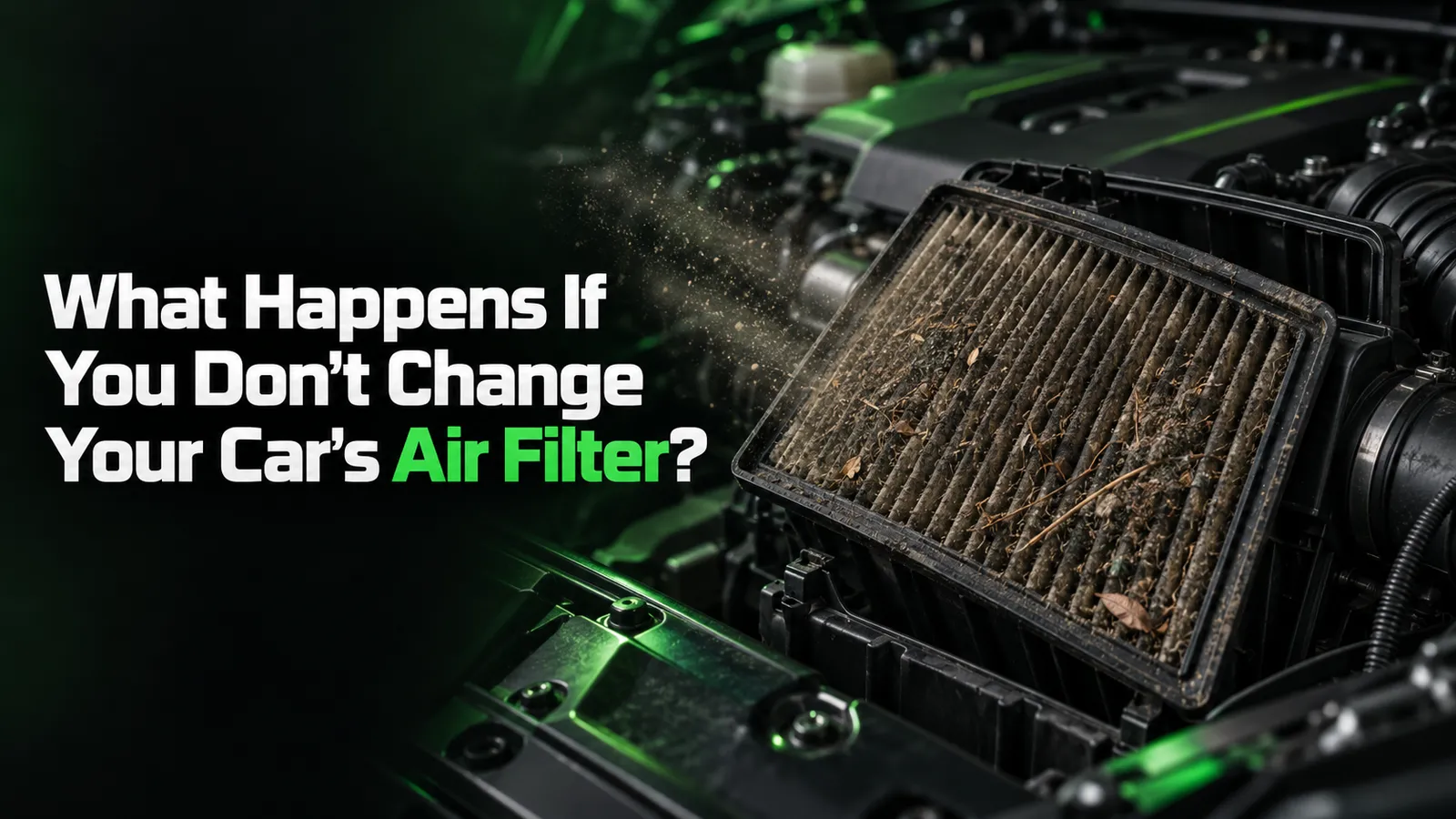 Dirty engine air filter showing heavy debris buildup beside a clean replacement filter.