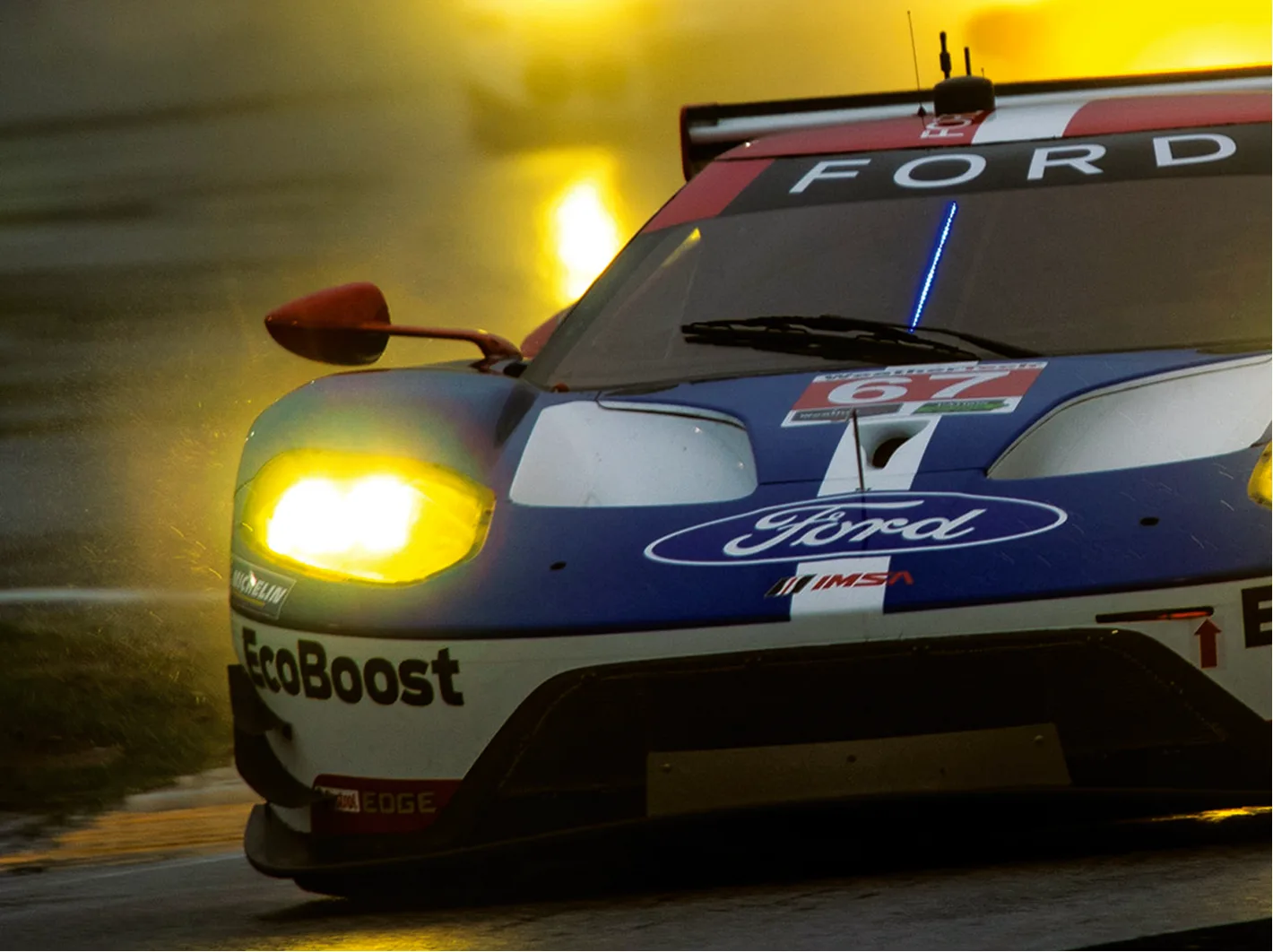 Ford GT race car at night, winner of the 24 Hours of Le Mans with Green Filter USA