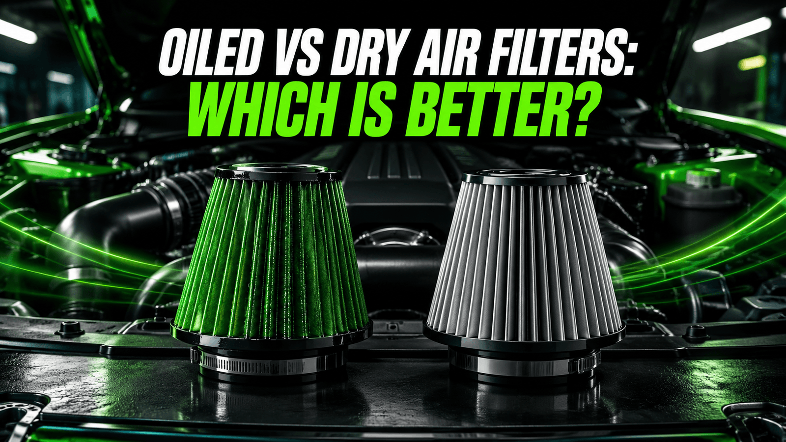 Oiled and dry performance air filters shown side by side for comparison